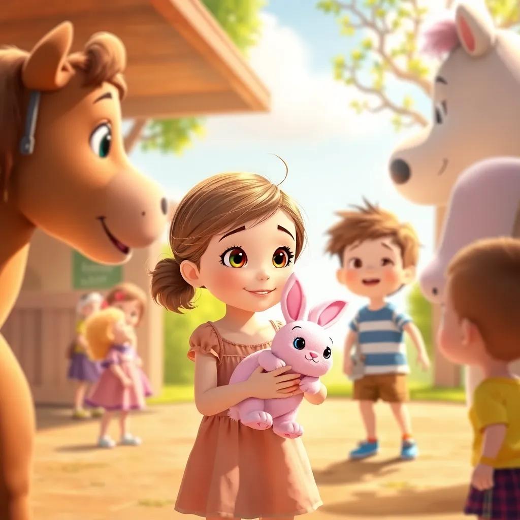 A little girl holding a pink bunny, talking to Molly, Sarah, and Jake, with a curious expression, surrounded by children playing, sunny day, cheerful atmosphere, warm light, delightful illustration, high quality