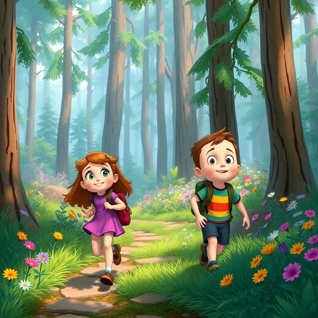 Molly, Sarah, and Jake exploring a beautiful forest with tall trees and colorful flowers, looking excited and a bit curious as they walk along a hidden pathway, nature feeling vibrant and alive, detailed scenery, enchanting vibe, high quality, magical illustration