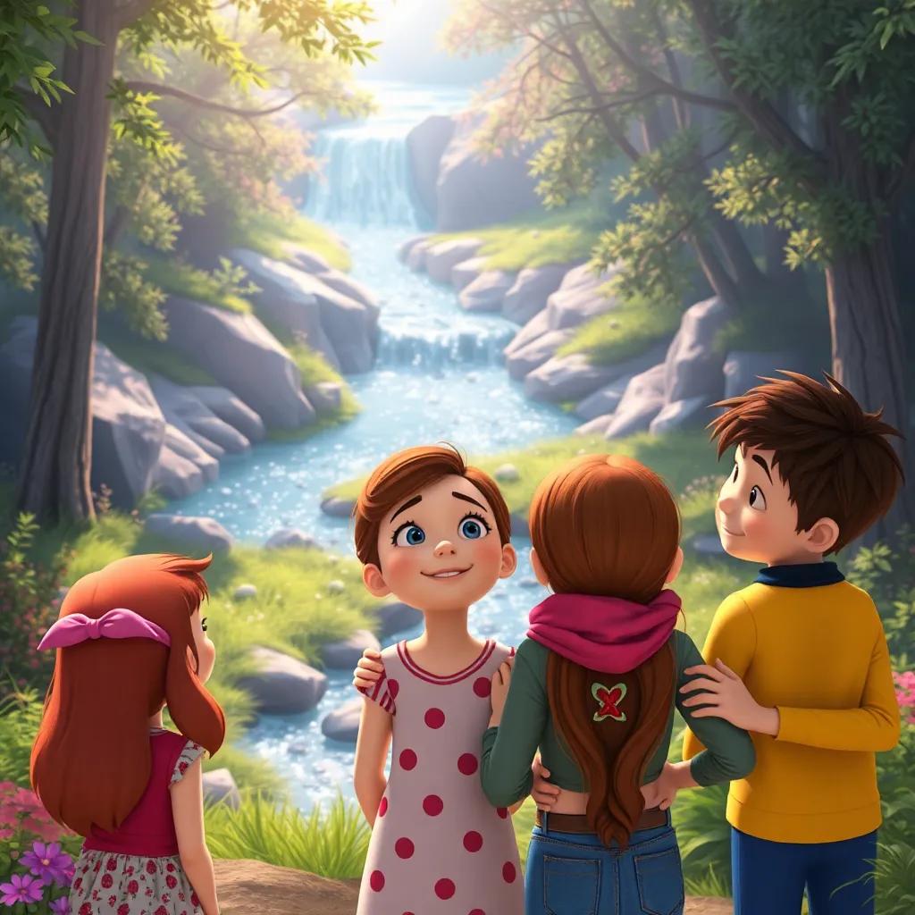 Molly, Sarah, and Jake looking at a beautiful clearing with a sparkling stream, Molly taking a deep breath with a happy expression, her friends supporting her, nature rich and colorful, serene atmosphere, heartwarming image, high quality