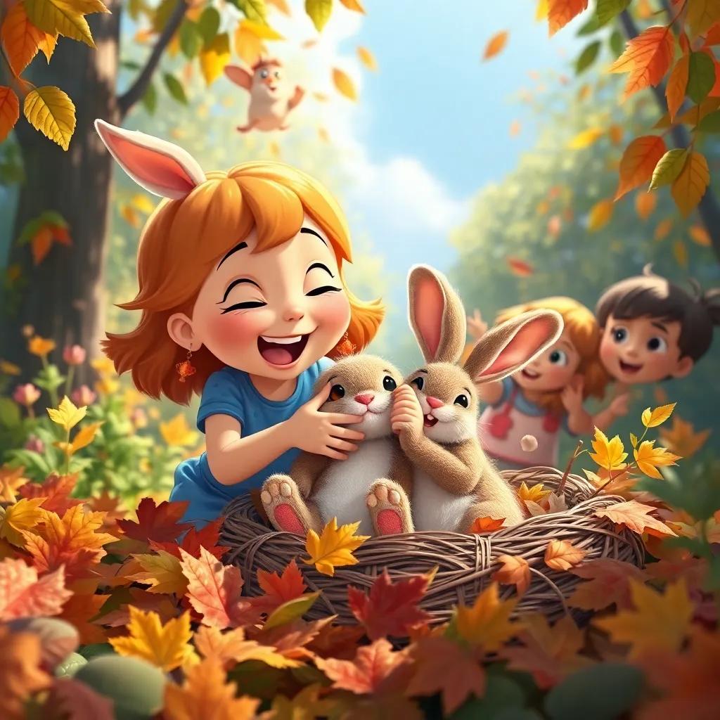 Molly discovering her lost bunny, Mr. Floppy, nestled among the leaves, she is ecstatic and hugging the dusty bunny, her friends cheering around them, nature scene, joyful energy, colorful surroundings, joyful moment, high quality