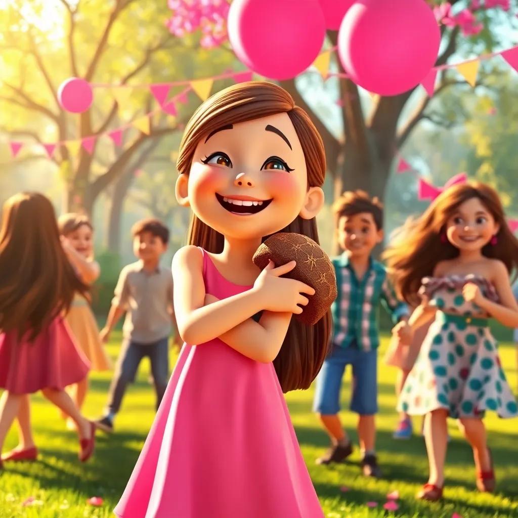 Molly, a cheerful girl with long brown hair in a pink dress, holding Mr. Floppy tightly and laughing with her friends, dancing together in the warm sunlight, a park filled with joy, celebrations all around, heartwarming scene, vibrant colors, high quality