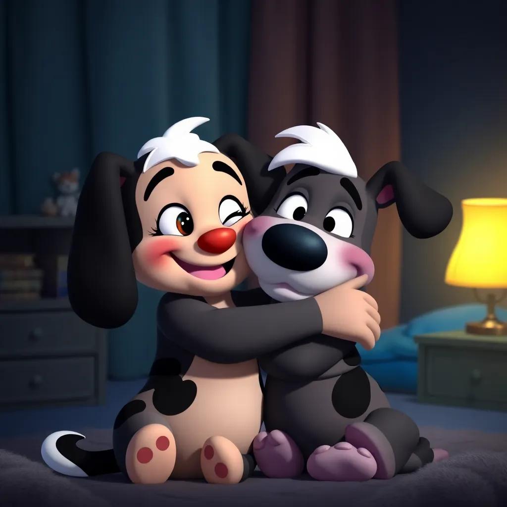 Molly cuddling Mr. Floppy at night, smiling and happy, with a cozy room background, the dim light of a night lamp glowing warmly, feeling safe and loved, dreamy atmosphere, heartwarming composition, high quality