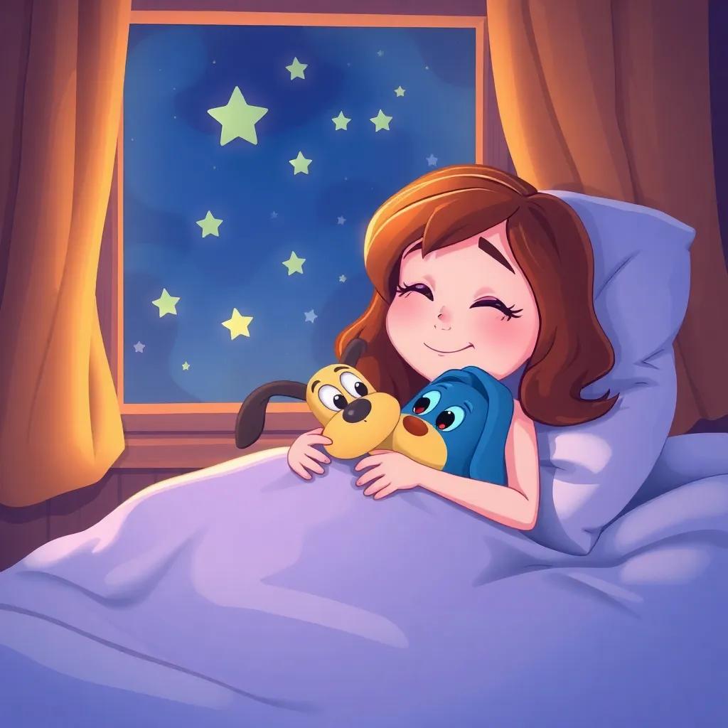 Molly, with Mr. Floppy in her arms, dreaming happily in her bed, stars twinkling outside the window, loving atmosphere, peaceful night setting, comforting warmth, colorful night illustration, high quality