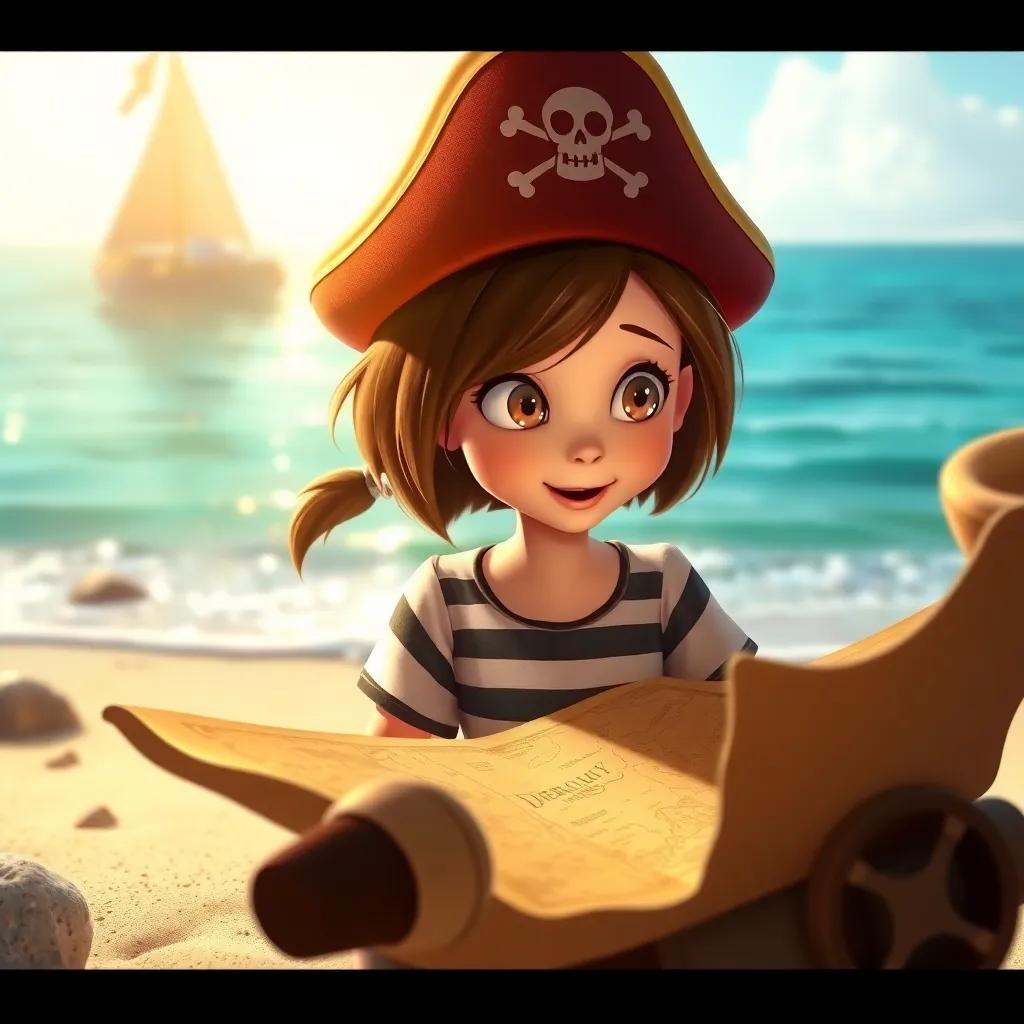 A young pirate girl, Lucy, with short brown hair, wearing a pirate hat and a striped shirt, looking excitedly at an ancient treasure map on the beach, detailed digital art, vibrant colors, warm sunlight, inviting atmosphere, high quality