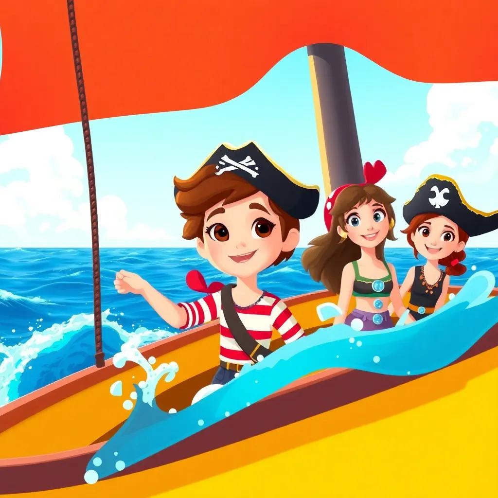 Lucy, a young pirate girl with short brown hair in a striped shirt, is sailing on a brightly colored ship with her friends Sam and Bella, splashing waves and a clear blue sky, fun illustration, cheerful, adventure-themed, child-friendly