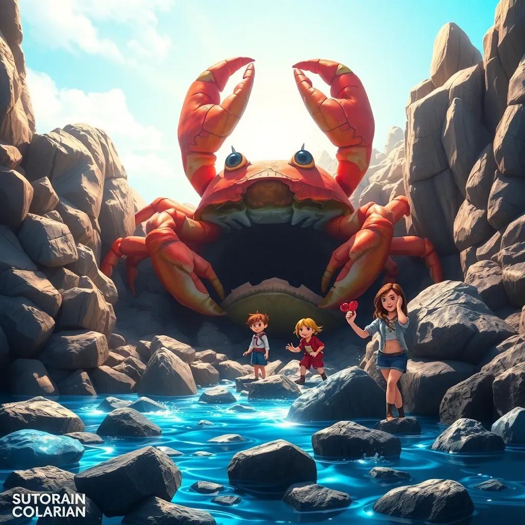 The rocky shore with a giant crab guarding a dark cave entrance, Lucy and her friends looking determined, vibrant colors, bright sunlight, fantasy setting, high quality