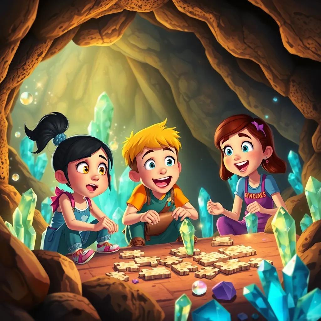 Lucy, Sam, and Bella solving puzzles inside a cave filled with sparkling crystals, excited expressions, detailed, colorful, warm light, engaging atmosphere, high quality