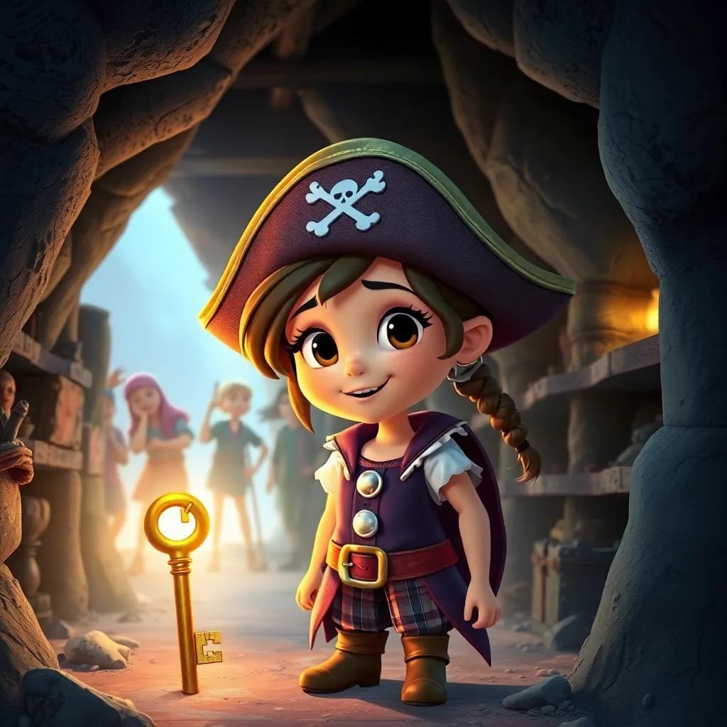 Lucy, a young pirate girl, discovering a golden key amidst dusty shelves in a cave, with friends cheering in the background, magical glow, treasure-themed, vivid colors, inviting setting, high quality