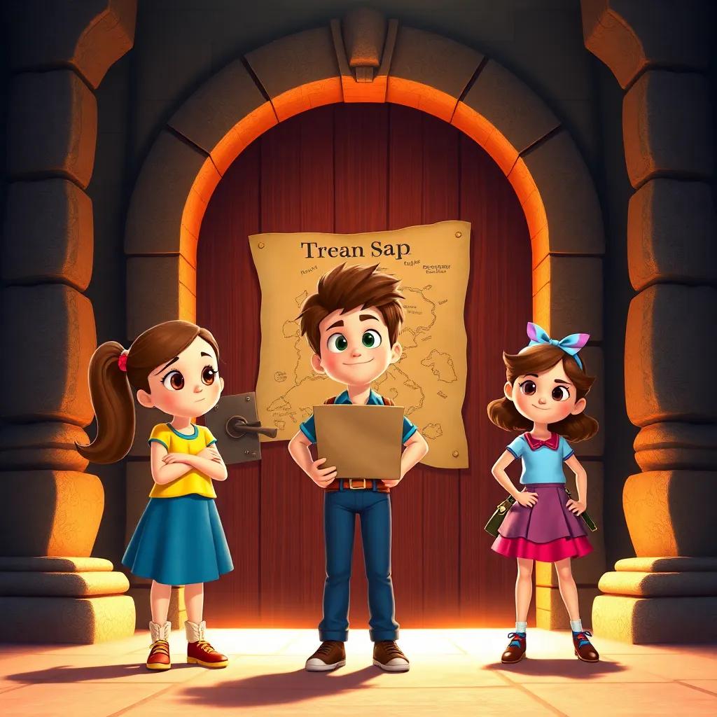 Lucy, Sam, and Bella standing before a large door with a treasure map, determined, vibrant colors, warm light, friendship theme, engaging composition, high quality