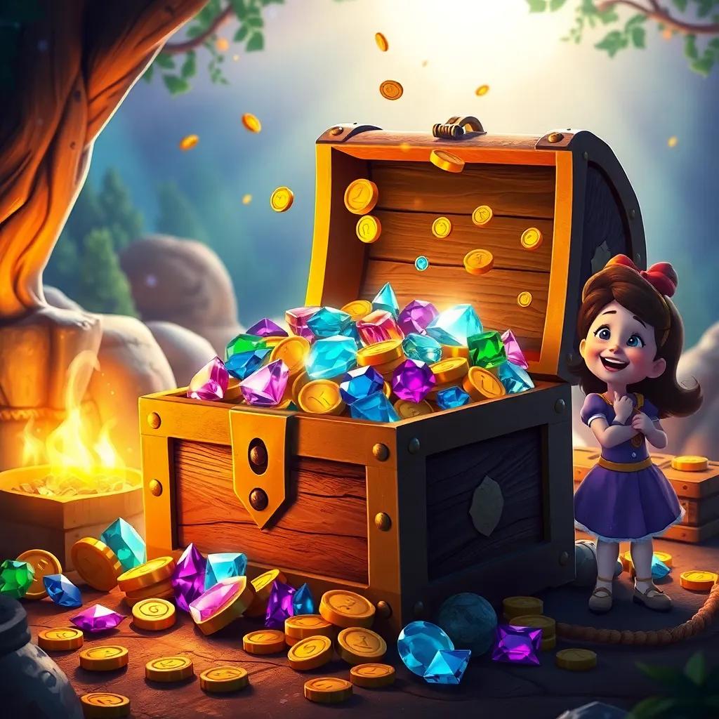 A treasure chest overflowing with gems and gold coins, Lucy and her friends rejoicing nearby, sparkling treasures, warm glow, joyful atmosphere, inviting imagery, high quality