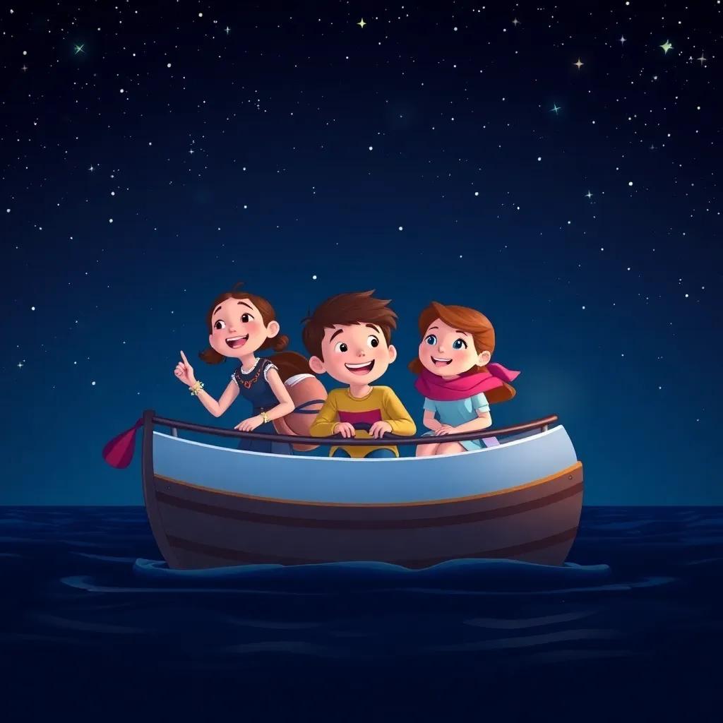 Lucy, Sam, and Bella sailing back home under a starry sky, sharing laughter and smiles, dark blue backdrop filled with twinkling stars, heartwarming scene, cozy and uplifting, high quality