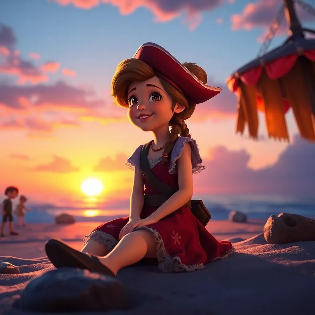 Lucy, a young pirate girl, sitting on a beach at sunset, looking at her friends with joy and gratitude, colorful sunset, soft light, nostalgic feelings, heartwarming, high quality