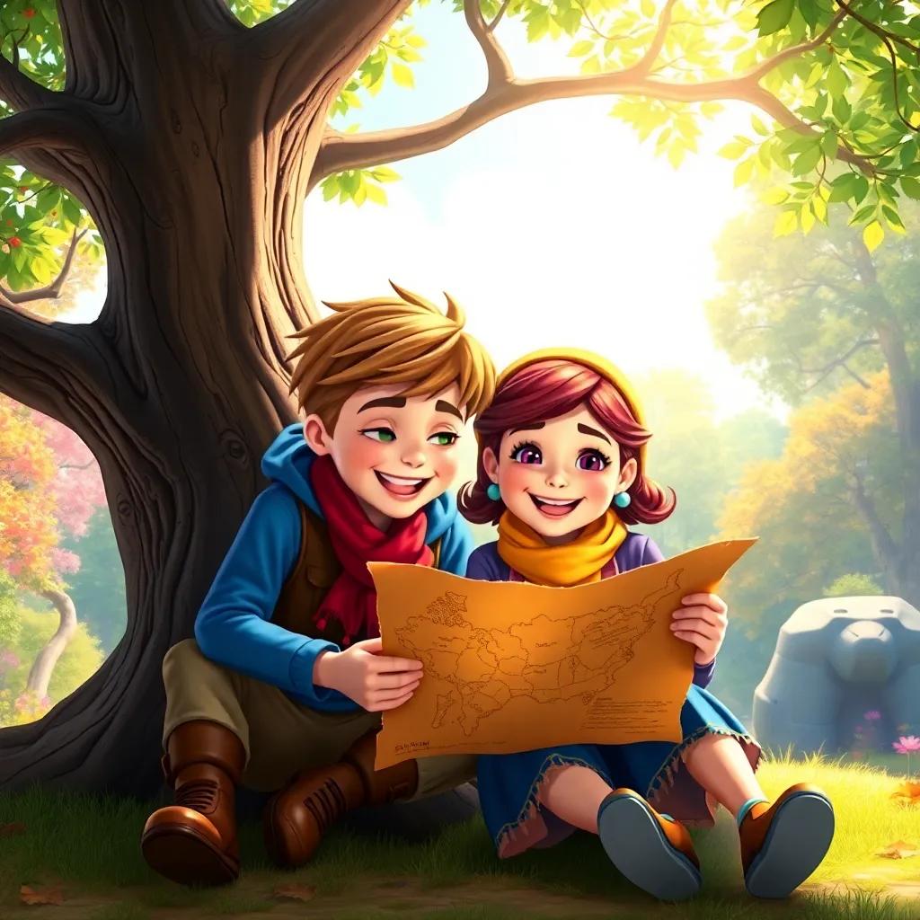 Two best friends, Sam and Ruby, sitting under a big tree, excitedly examining a tattered treasure map, sunny day, colorful woodland background, joyful expressions, digital art, vibrant colors, enchanting atmosphere, high quality
