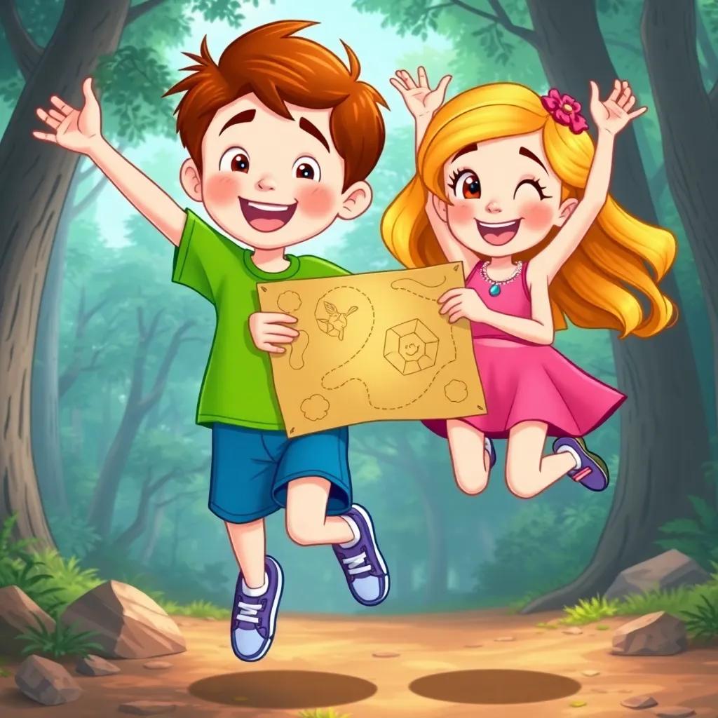Sam, a young boy with short brown hair wearing a green t-shirt and blue shorts, and Ruby, a young girl with long blonde hair wearing a pink dress, jumping in joy holding the treasure map, forest setting, detailed illustration, colorful, cheerful
