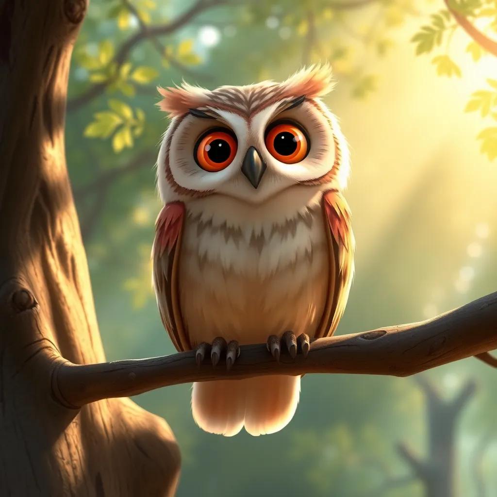 A wise old owl, with big round eyes and soft feathers, perched on a branch, talking to Sam and Ruby, warm sunlight filtering through the trees, magical and inviting, digital painting, high quality, nature background