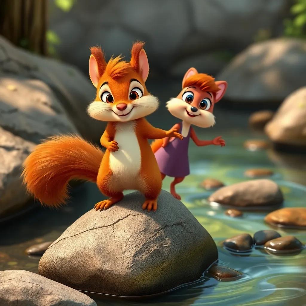 A playful squirrel, with fluffy brown fur and bright eyes, standing on a rock, guiding Sam and Ruby across a small river, teamwork in action, lively, child-friendly, bright colors, cheerful scene