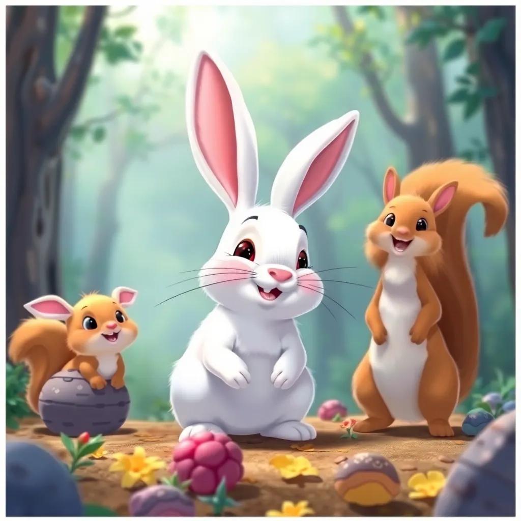 A shy rabbit, with white fur and big ears, happily joining the adventure with Sam, Ruby, and the squirrel, all working together, forest background, joyful atmosphere, colorful illustration, charming