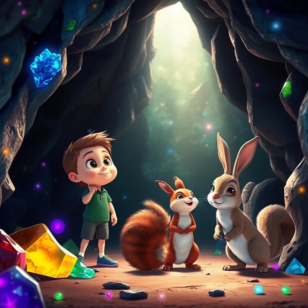 Inside a cave, colorful sparkly stones and crystals reflecting light, with Sam, Ruby, the squirrel, and the rabbit gazing in wonder, captivated expressions, magical cave setting, adventure-themed, high quality
