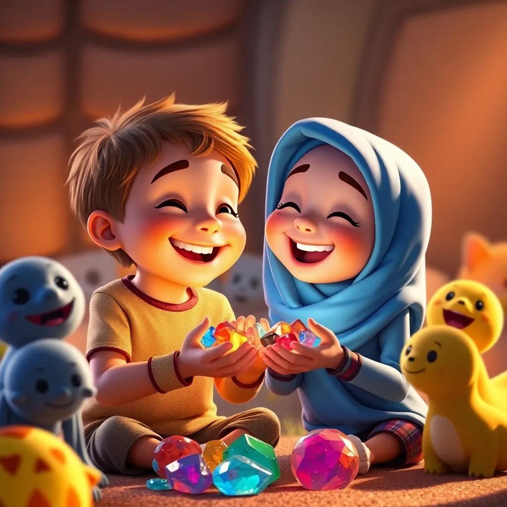 Sam and Ruby laughing together, the colorful stones in their hands, surrounded by their new friends, joyful atmosphere, bright colors, heartwarming, digital art, warm lighting