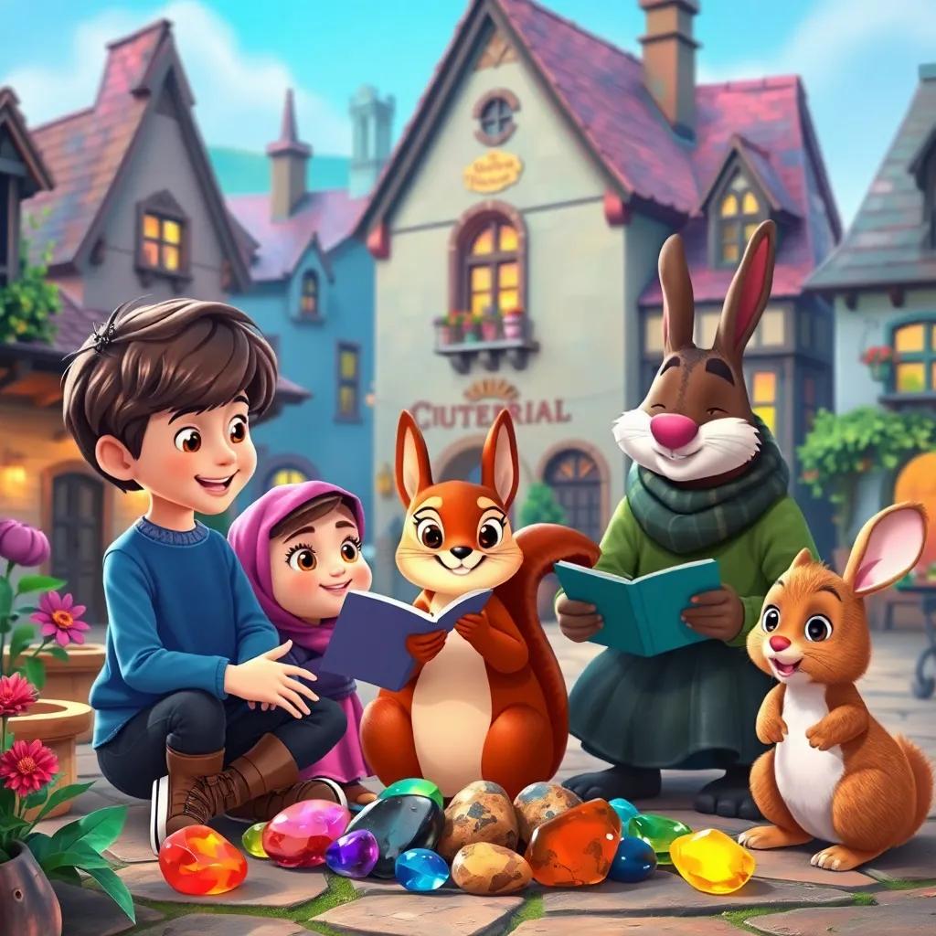 Sam, Ruby, squirrel, and rabbit telling stories in a cozy town square, showing the colorful stones to other children, everyone's faces filled with happiness, vibrant scenery, friendly atmosphere, high quality