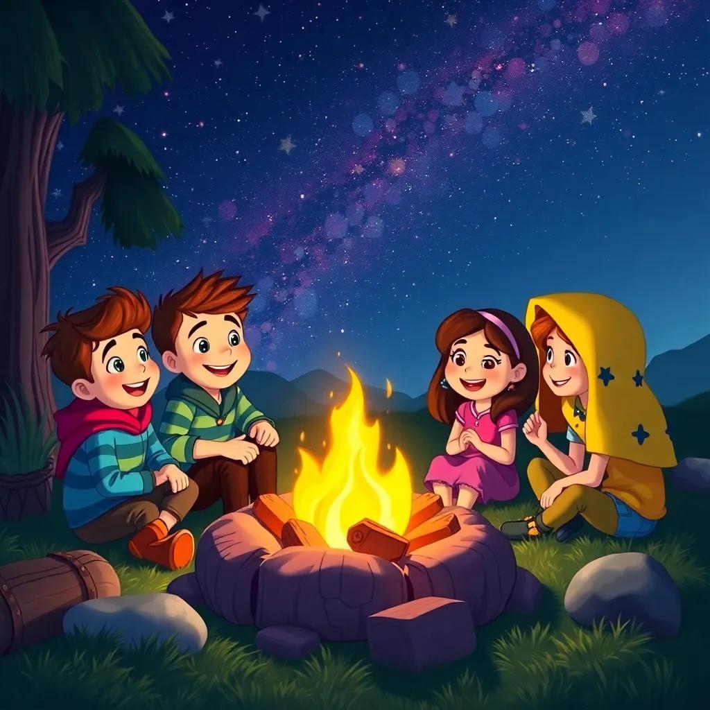 Sam, Ruby, and their friends sitting around a campfire, sharing their adventure stories, joyful expressions, starry night sky above, cheerful ambiance, fantasy illustration, engaging scene