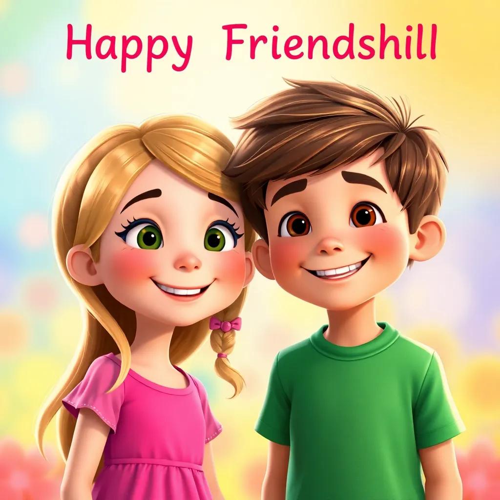 Sam, a young boy with short brown hair in a green t-shirt, Ruby, a young girl with long blonde hair in a pink dress, happy friends smiling together, colorful backgrounds, celebrating friendship, bright colors, heartwarming