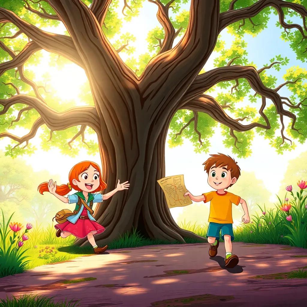 Emily and Jake, with excited expressions, rushing to a big oak tree, the old map in hand, sunlight filtering through the branches, beneath the tree's shade, illustration, vibrant colors, lively scene, child-friendly