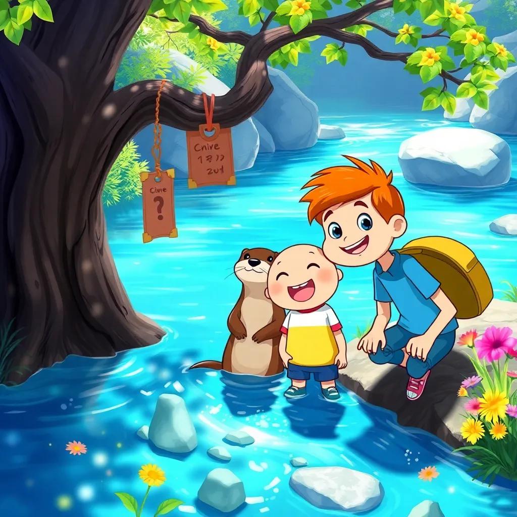 Jake and Emily on the edge of a bright blue river, a friendly otter smiles at them, the clue hanging on a tree nearby, sparkling water and colorful flowers, cheerful atmosphere, digital painting, bright colors, high quality