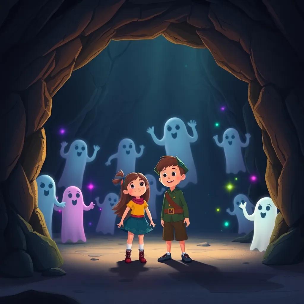 Inside a dim cave, Emily and Jake standing in front of friendly pirate ghosts, colorful lights dancing around, shadows flickering on cave walls, a magical atmosphere, illustration, soft lighting, whimsical scene, high quality