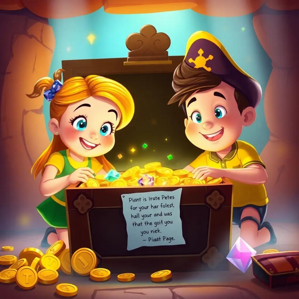 Emily and Jake opening the treasure chest, golden coins sparkling and colorful gems shining, their faces lit with wonder, a note from Pirate Pete visible, magical ambience, illustration, warm colors, joy-filled atmosphere, high quality