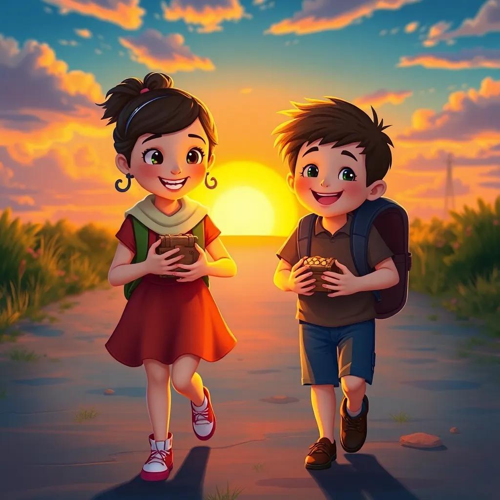 Emily and Jake with their treasure, happily walking home, the sunset glowing behind them, visions of sharing their treasure with family, friendship and excitement radiating, digital painting, rich colors, heartwarming, high quality