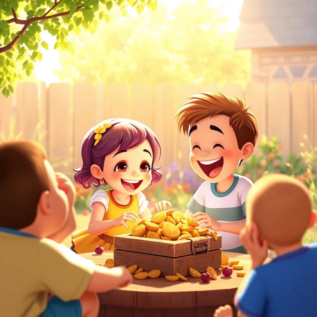 Emily and Jake sharing their treasure with friends and family, laughter and joy all around, a bright sunny day in their backyard, playful ambiance, digital art, warm colors, joyful scene, high quality