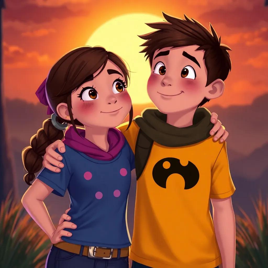 Emily and Jake, united and proud, thinking about the courage they showed, hearts filled with adventure, glowing sunset behind them, digital painting, vibrant colors, inspiring atmosphere, high quality