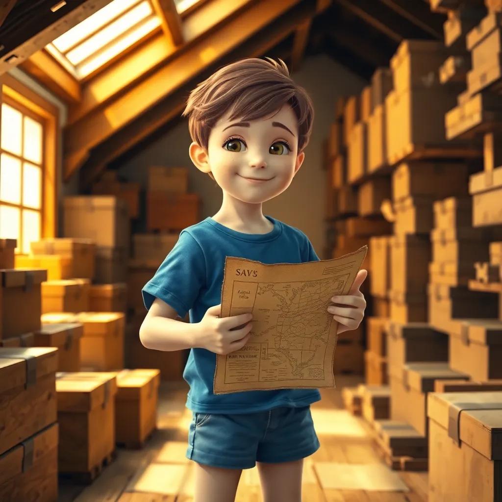 A brave boy named Sam, with short brown hair and wearing a blue t-shirt and shorts, holding an old treasure map in a sunlit attic filled with boxes, digital art, warm colors, cheerful atmosphere, high quality