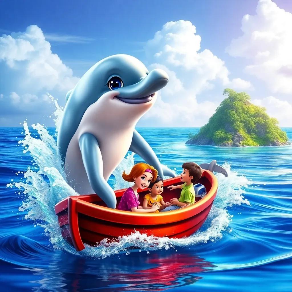 A friendly dolphin named Dippy, with a big smile and sparkling eyes, splashing in the ocean, guiding a small boat with Sam, Mia, and Ben towards a beautiful green island, colorful, vibrant, joyful scene, high quality