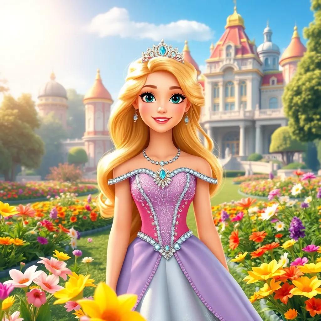 A beautiful princess, Maria, with shiny golden hair and sparkling jewels, standing in a grand garden near her palace, surrounded by colorful flowers and sunlight, digital art, vibrant colors, cheerful atmosphere, high quality