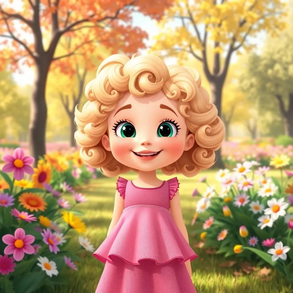 A young girl, Daisy, with curly blonde hair, wearing a pink dress, smiling brightly in a sunny park with colorful flowers and trees, cheerful atmosphere, digital art, soft colors, happy expression, high quality