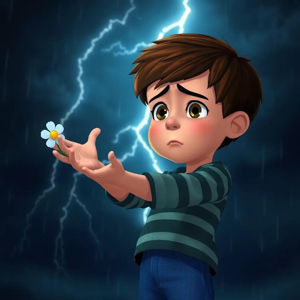 A young boy, Leo, with short brown hair, wearing blue jeans and a striped shirt, reaching out to Daisy with a worried look in a dark, stormy night, a bright lightning in the background, dramatic atmosphere, digital illustration, high contrast, emotional inquiry
