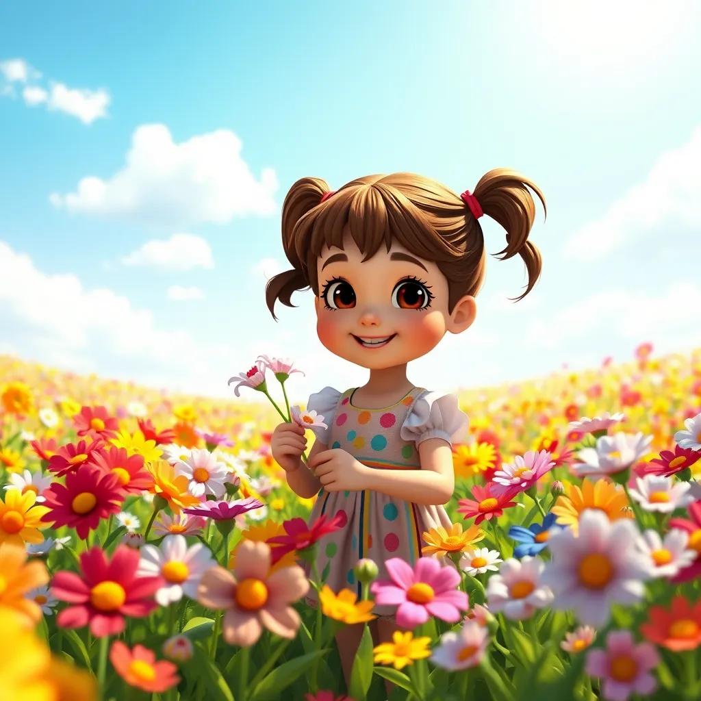A kind girl named Lily, with brown hair in pigtails, wearing a colorful dress, picking flowers in a sunny field full of colorful flowers, bright blue sky, cheerful atmosphere, digital art, vibrant colors, high quality