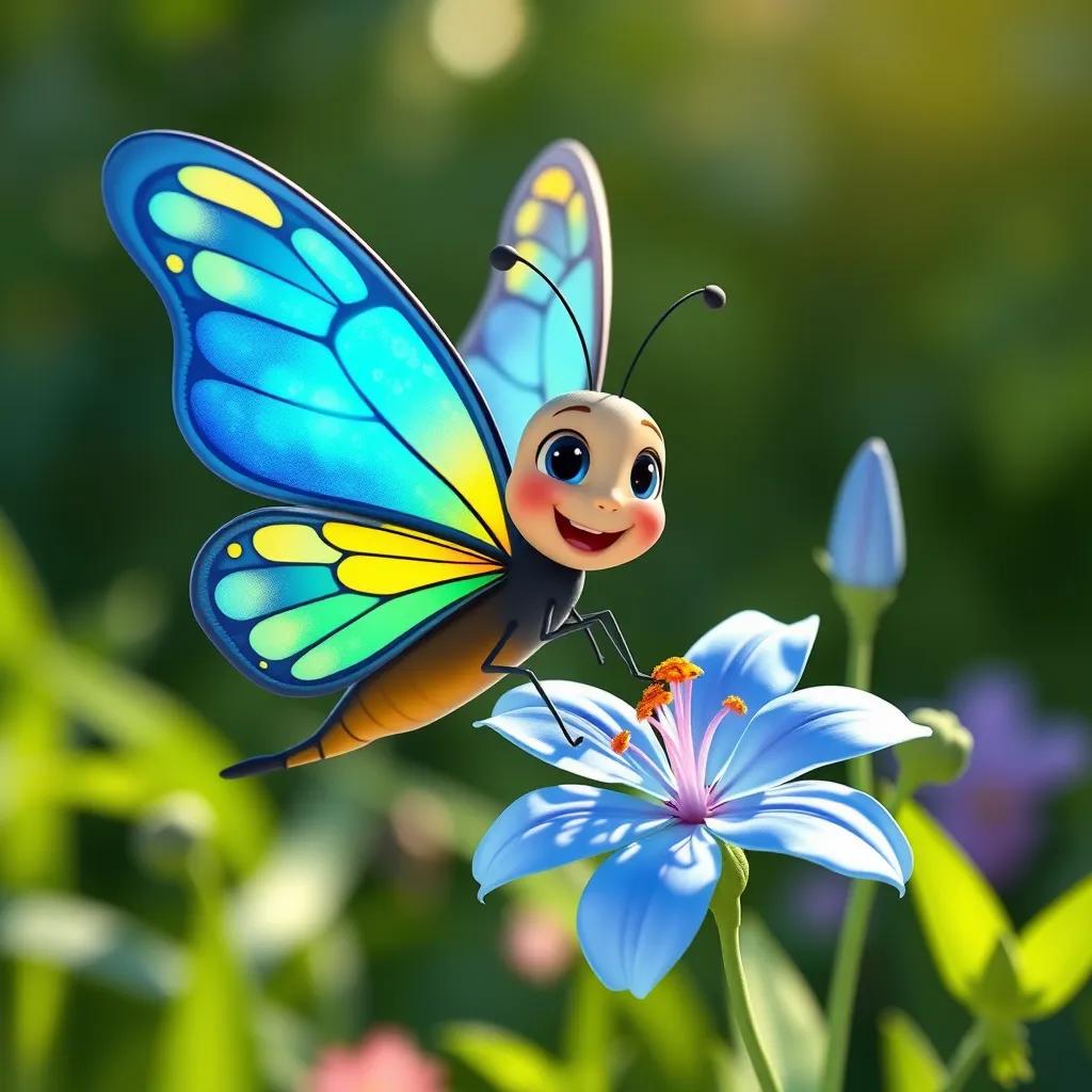 A cheerful butterfly named Leo, with shiny blue and yellow wings, landing on a beautiful blue flower next to Lily, sparkling sunlight, nature background, cartoon style, heartwarming
