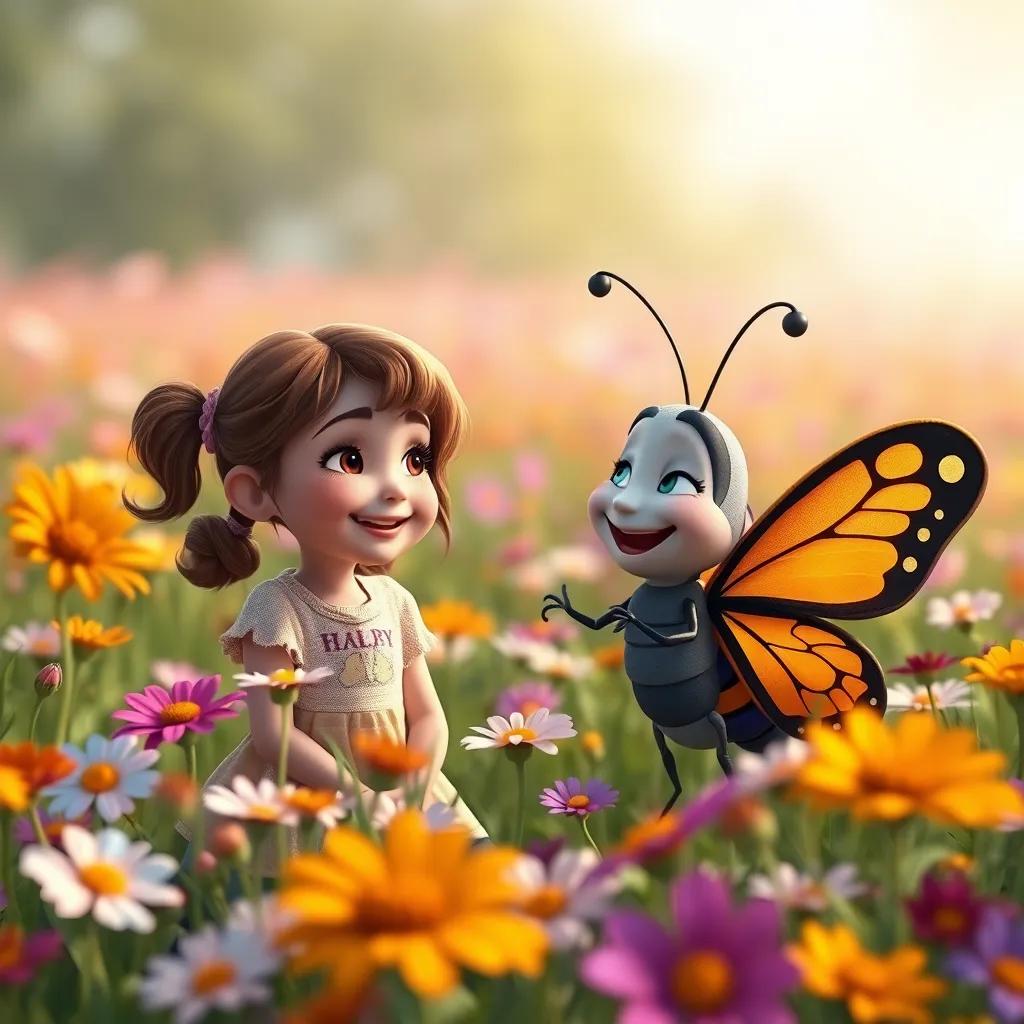 Lily, with brown hair in pigtails, and Leo, the butterfly, talking and laughing together in a field full of flowers, bright colors, joyful expressions, soft focus, child-friendly