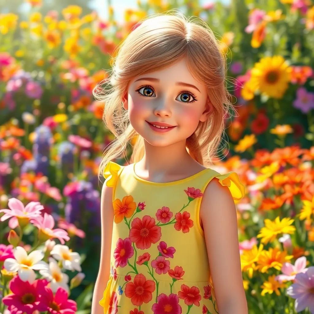 A girl named Lily, with light brown hair, wearing a bright dress with flowers, standing in a sunny garden filled with colorful flowers, cheerful atmosphere, digital art, vibrant, high quality