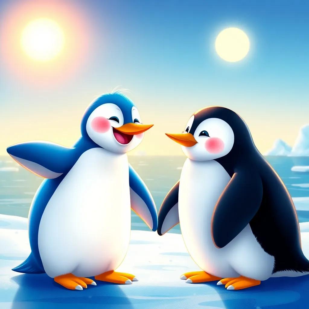 A joyful penguin, Meme, a young playful penguin with bright blue feathers, smiling at another penguin, Momo, with shiny black feathers, under the glowing sun by the icy sea, cheerful scene, illustration, warm colors, vibrant atmosphere, high quality