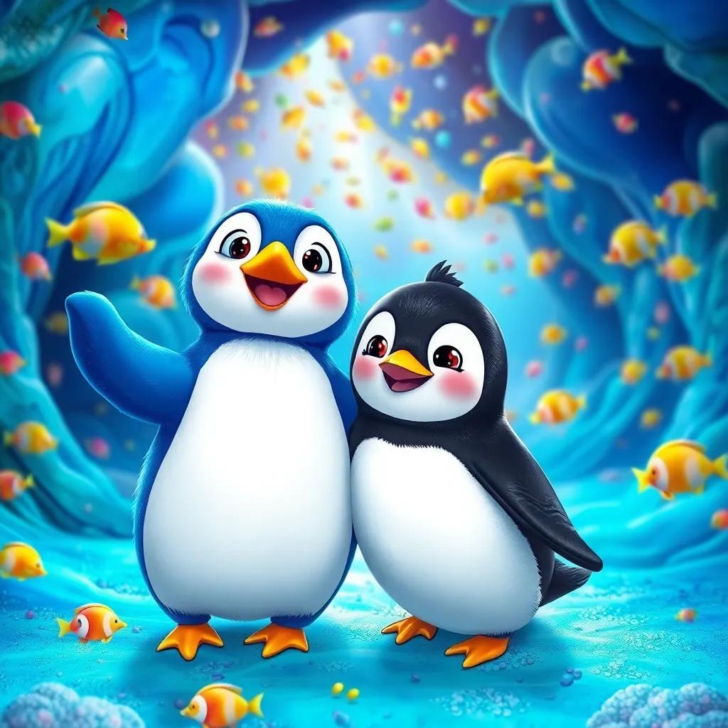 Meme the penguin with bright blue feathers and Momo with shiny black feathers, discovering a magical underwater cave full of colorful fish, playful and lively, digital art, colorful scenery, highly detailed, whimsical