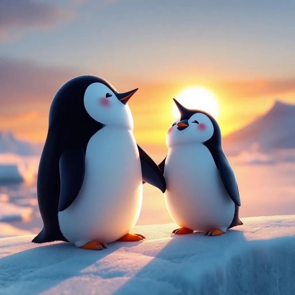 Meme and Momo, bright blue and shiny black penguins respectively, watching the sunset together on an ice shelf, soft light illuminating their joyous faces, romantic scene, warm colors, heartwarming, inviting view, high quality