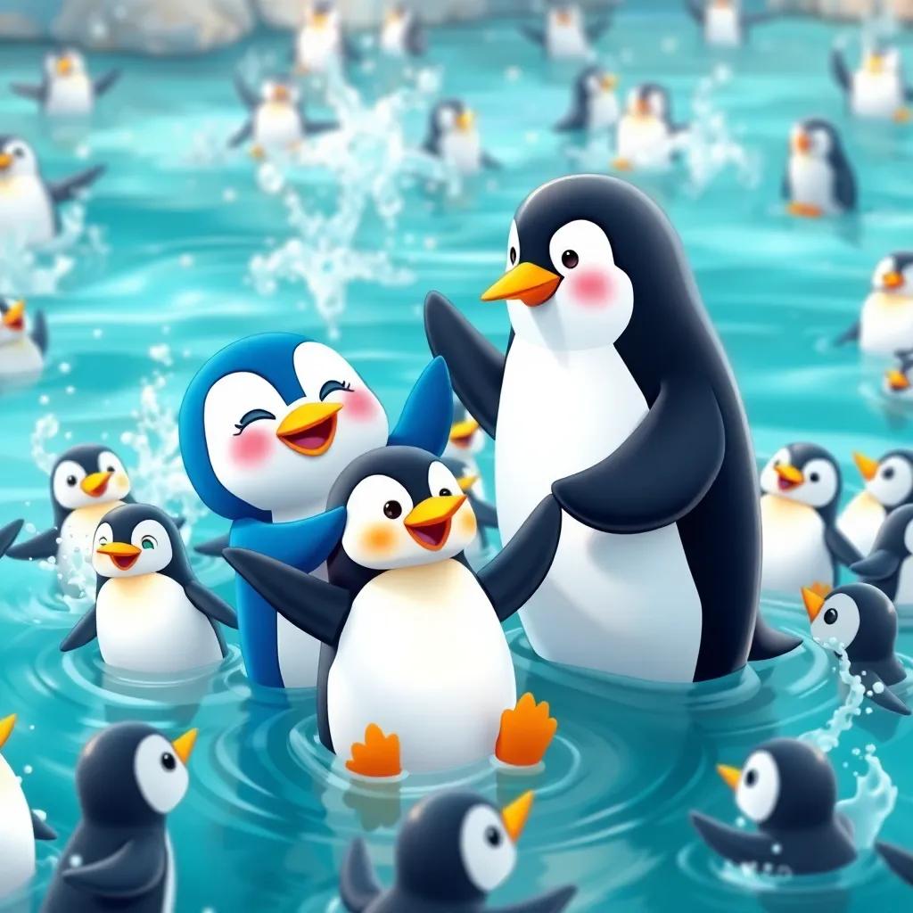 Meme the blue penguin and Momo the black penguin, teaching their penguin friends to dance in the water, fun and animated scene filled with joyful splashes, lots of friends gathered, playful energy, bright colors, digital illustration, lively