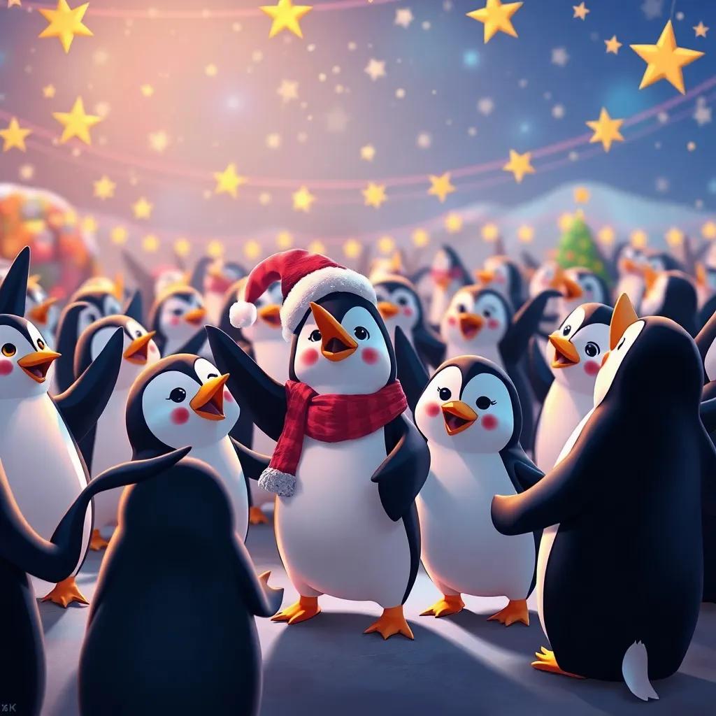 All the penguins, including Meme and Momo, having fun at a festive gathering, dancing and celebrating under twinkling stars, filled with excitement and laughter, colorful setting, energetic and festive mood, vibrant art, high quality