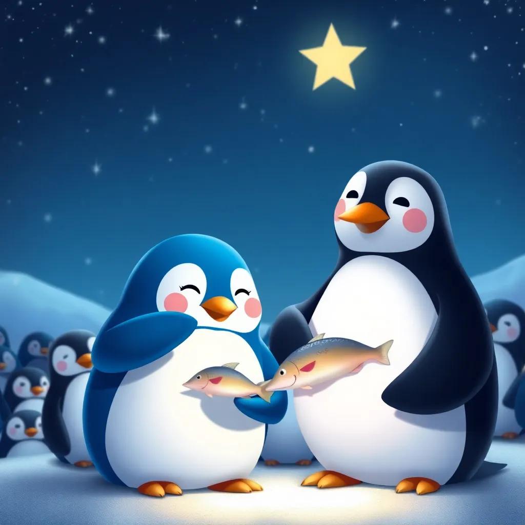 Meme the blue penguin and Momo the black penguin, sharing fish with friends under a starry night sky, cozy and warm atmosphere around them, featuring a mix of colorful penguins, joyful and friendly, soft light, inviting imagery
