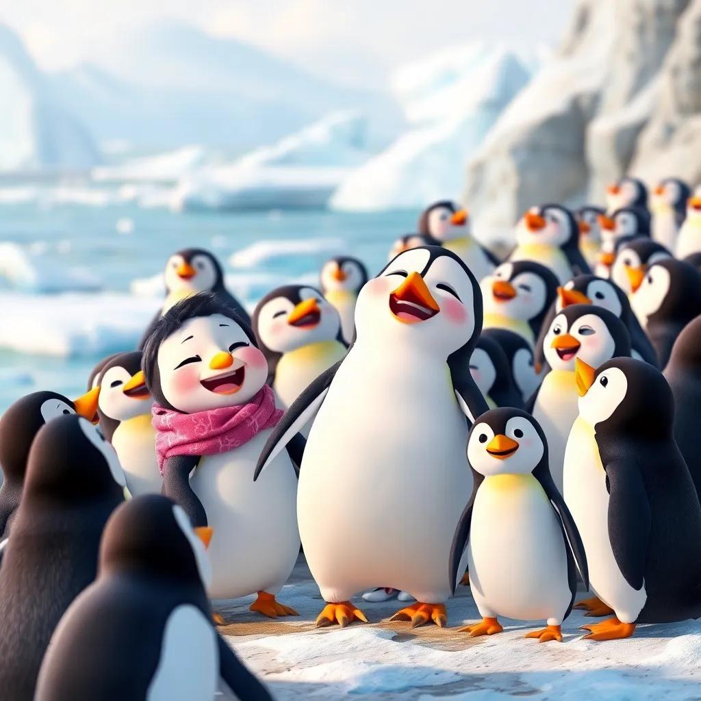 Scene of Meme and Momo surrounded by friends, all laughing and playing together by an icy shoreline, joyful and vibrant, community of happy penguins with playful expressions, detailed scenery, cheerful colors, high quality