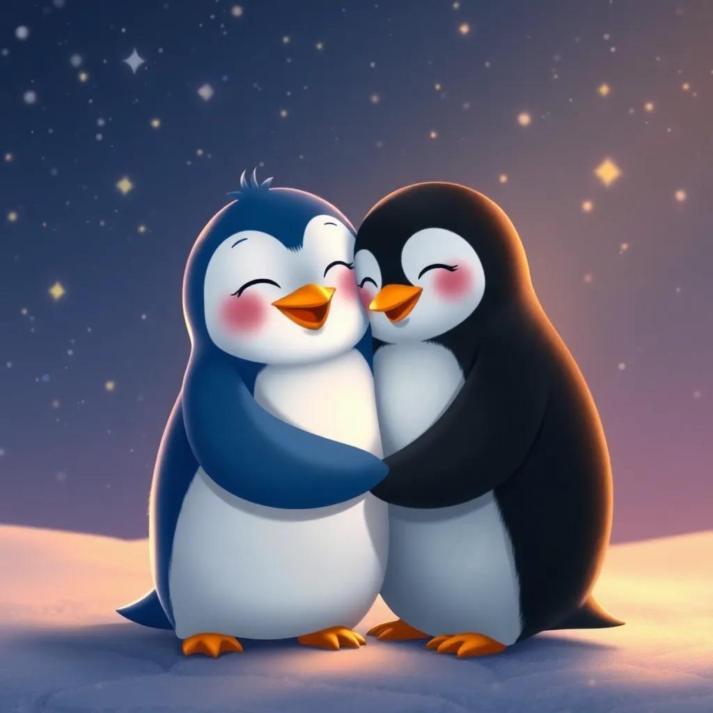 Meme the cheerful blue penguin, hugging Momo the lovely black penguin, under a sky full of stars, emphasizing their special bond, cozy and loving atmosphere, warm light, intimate scene, digital painting, high quality art